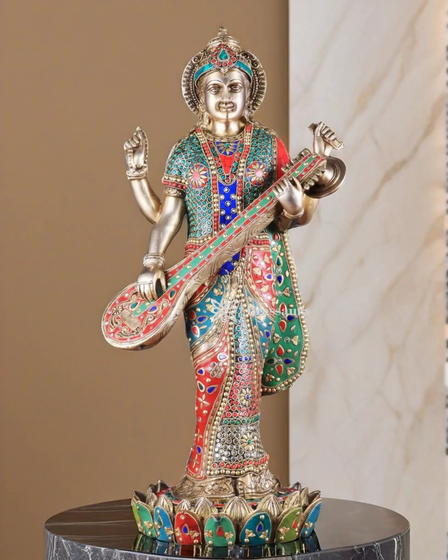 Brass Gem Stone Work Saraswati for Home and Decor Height 25 Inches & Weight 22 Kgs