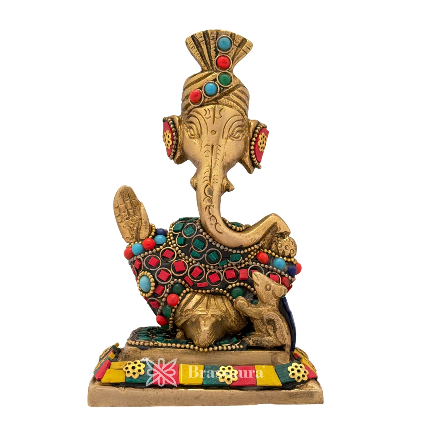 Brassaura™ Brass Gem Stone Work Modern Ganesha Idol for Home and Decor | Weight 1.1 Kgs | Height 5.91 Inches
