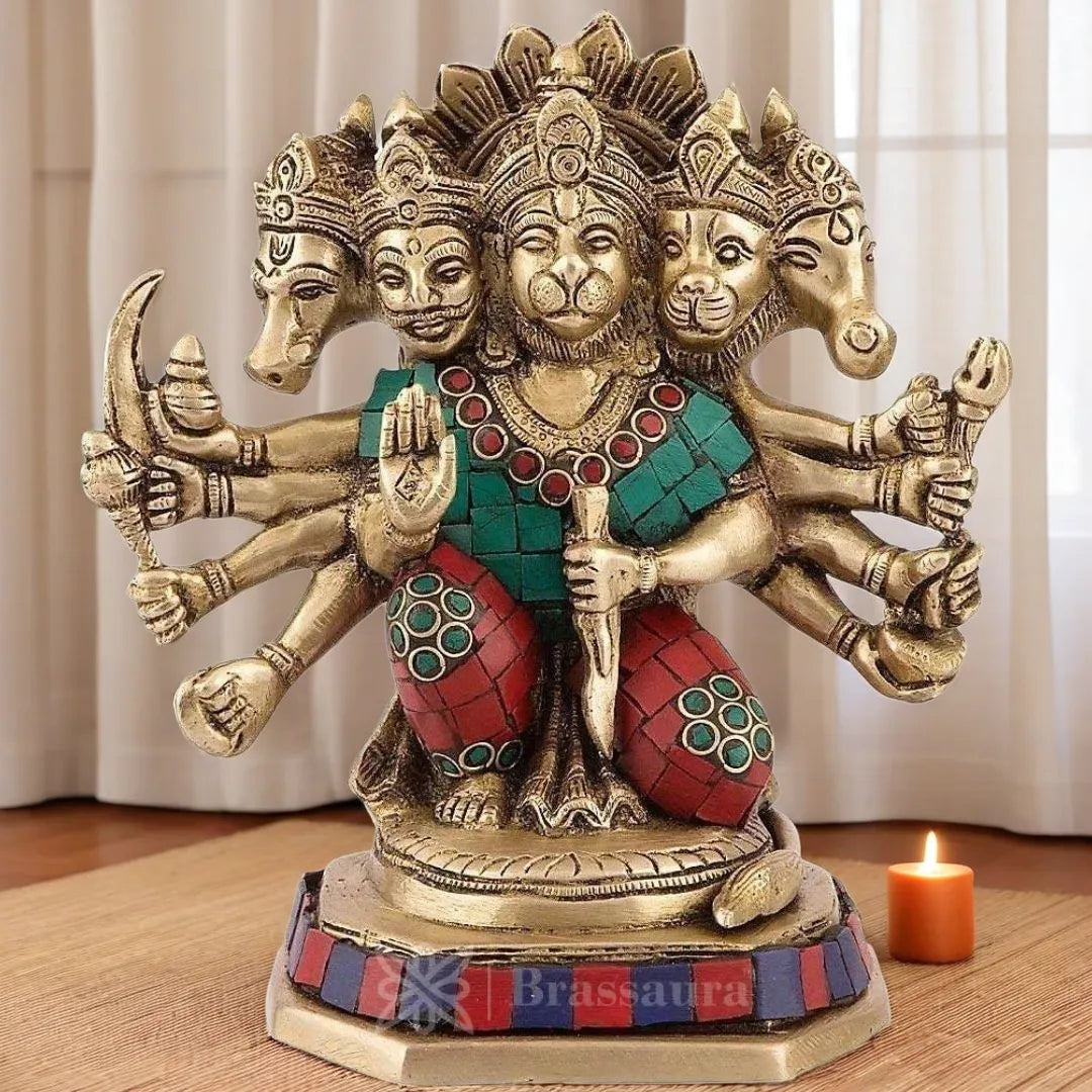 Brassaura™ Brass Sankat Mochan Panch-Mukhi Gem Stone Work, Height 8.4 Inches & Weight 2.3 Kgs