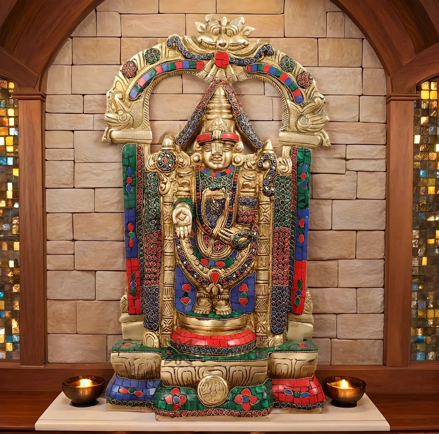 Brassaura™ Brass Handcrafted Tirupati Balaji Idol gem Stonework & Thiruvarchi Prabhavali – 20 Inches, 12 Kgs