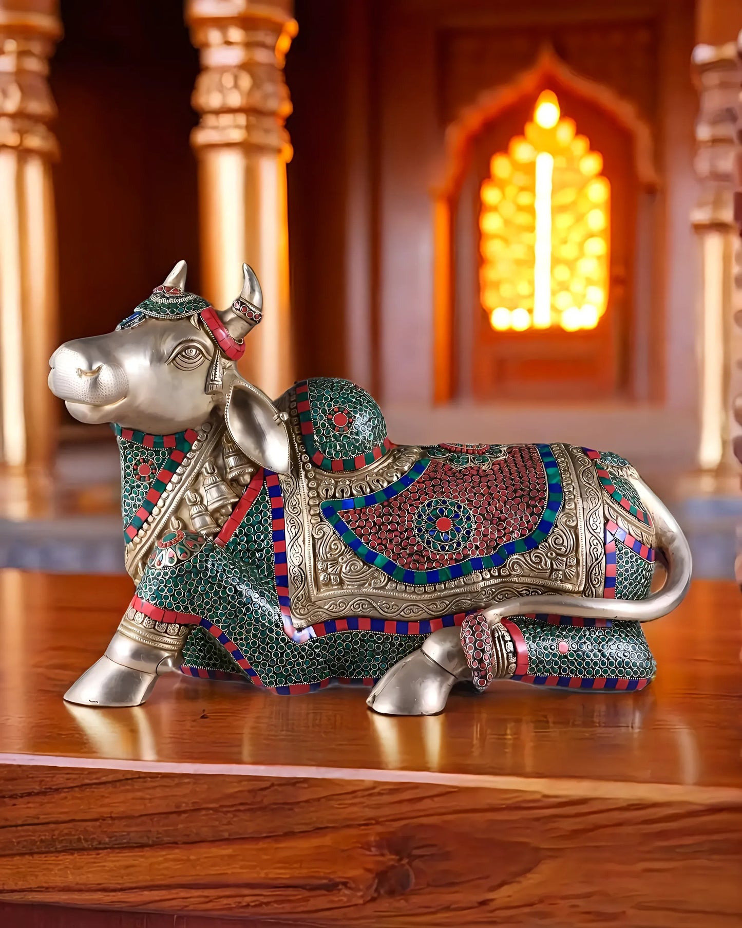 Brassaura™ Brass Nandi Statue with Intricate Stonework – Height 15" & Weight 22.5 Kgs | Temple & Home Décor