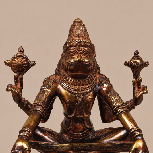 Brassaura® Narasimha Seated Idol with Antique Golden & Dark Patina Finish | Pure Superfine Brass Handcrafted Murti | Brass Statue for Home Temple, Pooja Room | Height 10.5 Inches | Weight 6.3 Kgs