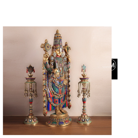 Brassaura® Brass Lord Venkateshwara Statue with Meenakari Stonework & Deepak Set – 48 Inches, 49 Kgs Idol + 30 Inches, 20 Kgs Deepaks