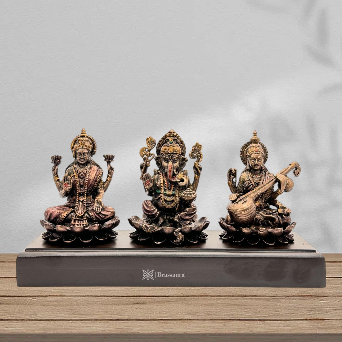 Brassaura™ Resin Laxmi Ganesha Saraswati Statue - Height 4.8 Inches & Weight 0.9 Kgs | Home & Puja Décor