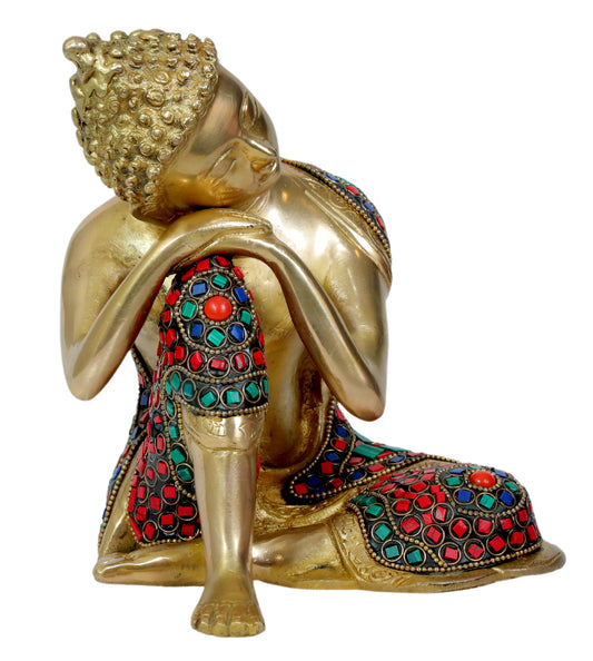 Brassaura® Buddha Seated Idol with Multi-Color Stone Work Finish | Pure Superfine Brass Handcrafted Murti | Brass Statue for Home Temple, Pooja Room | Height 6.7 Inches | Weight 2.65 Kgs