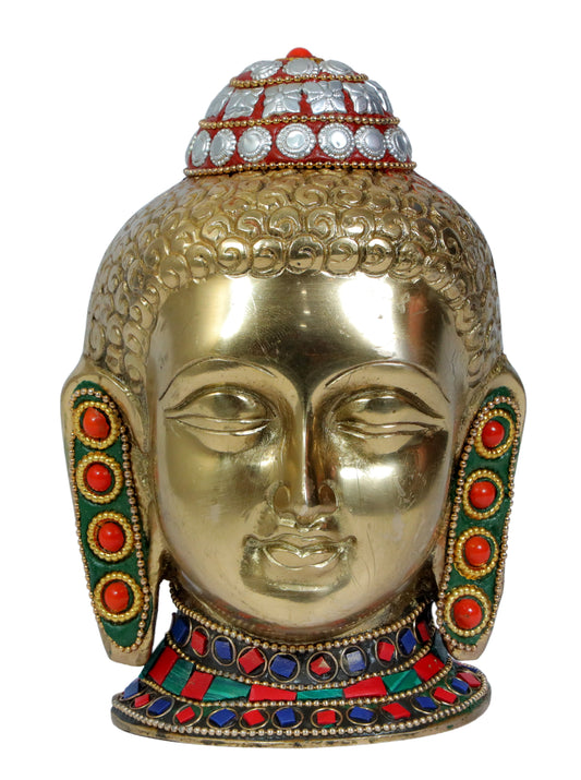 Brassaura® Buddha Sitting Idol with Multi-Color Stone Finish | Pure Superfine Brass Handcrafted Murti | Brass Statue for Home Temple, Pooja Room | Height 5.9 Inches | Weight 1.3 Kgs