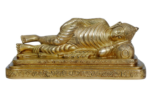 Brassaura® Reclining Buddha Decorative Showpiece with Antique Finish | Pure Superfine Brass Handcrafted Murti | Brass Statue for Home Temple, Pooja Room | Height 4.13 Inches | Weight 2.5 Kgs