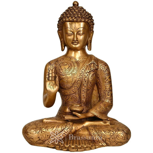 Brassaura® Gautam Buddha Sitting Meditation Idol with Antique Finish | Pure Superfine Brass Handcrafted Murti | Brass Statue for Home Temple, Pooja Room | Height 12 Inches | Weight 6 Kgs