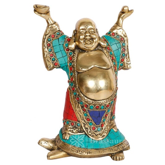 Brassaura® Feng Shui Laughing Buddha Standing on Tortoise with Colour Gem Stone Finish | Pure Superfine Brass Handcrafted Murti | Brass Statue for Home Temple, Pooja Room | Height 9 Inches | Weight 2.6 Kgs