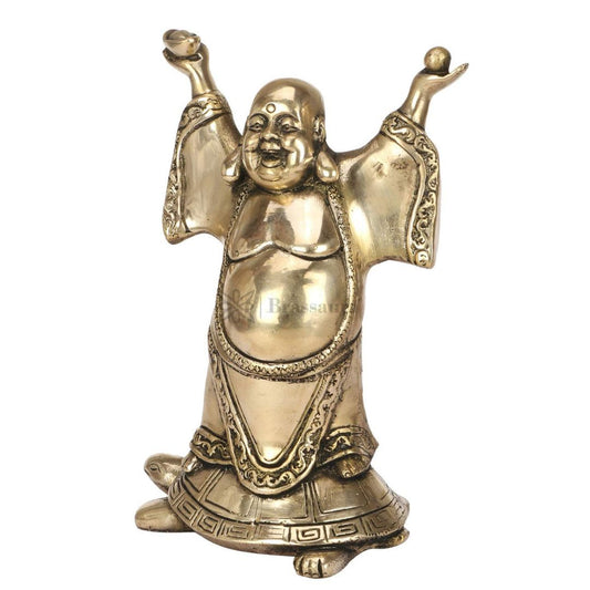 Brassaura® Feng Shui Laughing Buddha Standing on Tortoise with Multi-Color Gem Stone Finish | Pure Superfine Brass Handcrafted Murti | Brass Statue for Home Temple, Pooja Room | Height 9 Inches | Weight 2.4 Kgs