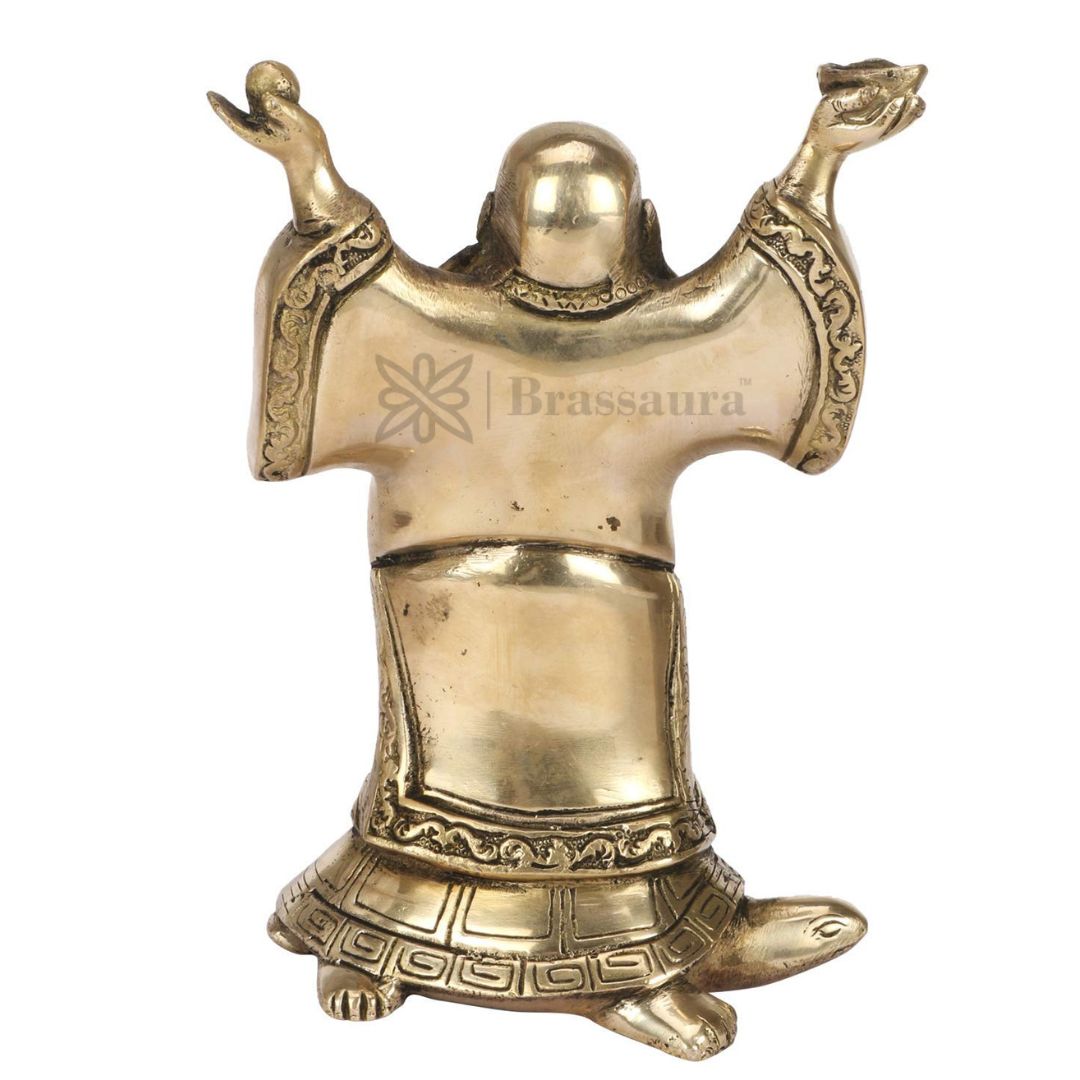 Brassaura® Feng Shui Laughing Buddha Standing on Tortoise with Multi-Color Gem Stone Finish | Pure Superfine Brass Handcrafted Murti | Brass Statue for Home Temple, Pooja Room | Height 9 Inches | Weight 2.4 Kgs