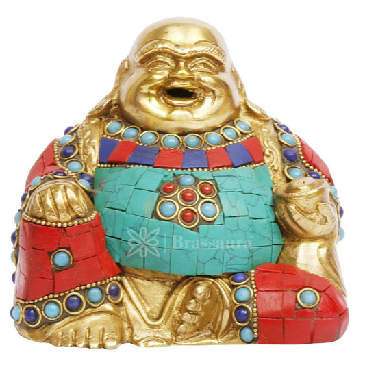 Brassaura® Laughing Buddha Sitting Blessing Idol with Multi-Color Gem Stone Finish | Pure Superfine Brass Handcrafted Murti | Brass Statue for Home Temple, Pooja Room | Height 4.5 Inches | Weight 1.1 Kgs