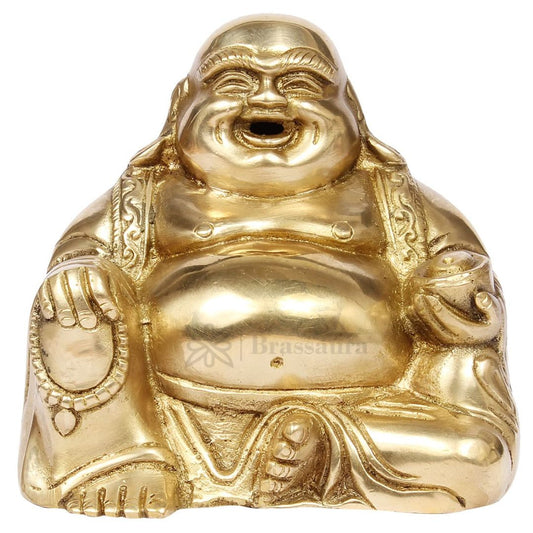 Brassaura® Happy Man Laughing Buddha Sitting Idol with Antique Finish | Pure Superfine Brass Handcrafted Murti | Brass Statue for Home Temple, Pooja Room | Height 4.5 Inches | Weight 1 Kgs