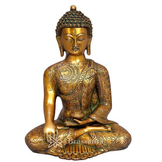 Brassaura® Buddha Sitting Meditation Idol with Antique Gold & Green Patina Finish | Pure Superfine Brass Handcrafted Murti | Brass Statue for Home Temple, Pooja Room | 12 inches height | 6 kg weight