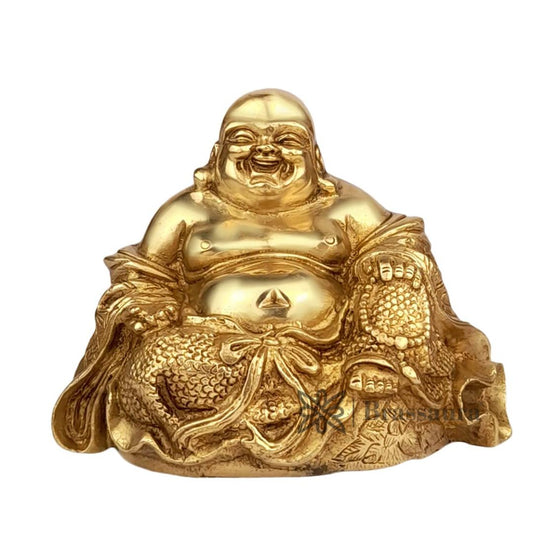 Brassaura® Laughing Buddha Sitting with Fish Idol with Polished Finish | Pure Superfine Brass Handcrafted Murti | Brass Statue for Home Temple, Pooja Room | Height 4 Inches | Weight 1.3 Kgs