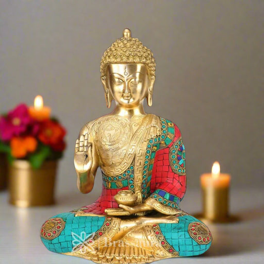 Brassaura® Buddha Sitting in Meditation Idol with Multi-Color Stone Work Finish | Pure Superfine Brass Handcrafted Murti | Brass Statue for Home Temple, Pooja Room | Height 12 Inches | Weight 6 Kgs