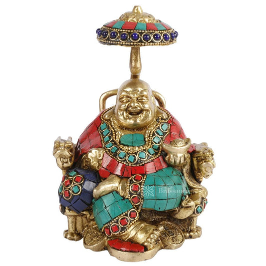 Brassaura® Laughing Buddha Sitting Idol with Multi-Color Stone Work Finish | Pure Superfine Brass Handcrafted Murti | Brass Statue for Home Temple, Pooja Room | Height 6.5 Inches | Weight 2 Kgs
