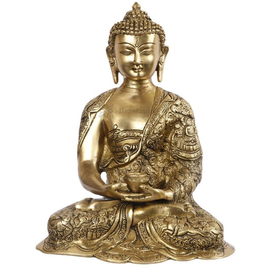 Brassaura® Gautam Buddha Dhyan Mudra Idol with Gold Tone Finish | Pure Superfine Brass Handcrafted Murti | Brass Statue for Home Temple, Pooja Room | Height 4.72 Inches | Weight 5.2 Kgs