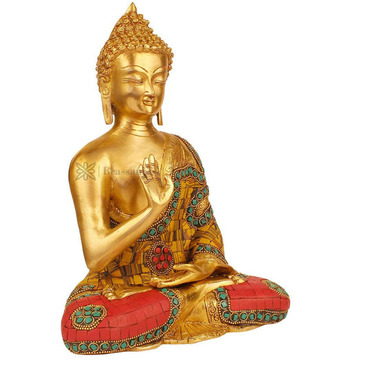 Brassaura™ Brass Gem Stone Work Buddha Vitarka Statue Multicolor