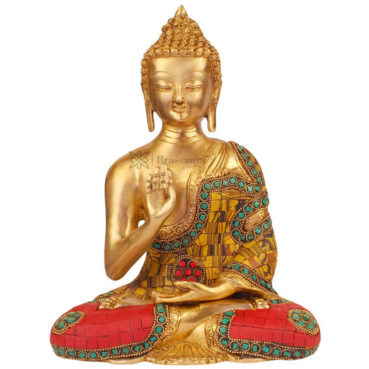 Brassaura® Buddha Sitting in Blessing Mudra Idol with Colourful Stone Work Finish | Pure Superfine Brass Handcrafted Murti | Brass Statue for Home Temple, Pooja Room | Height 10 Inches | Weight 3.6 Kgs
