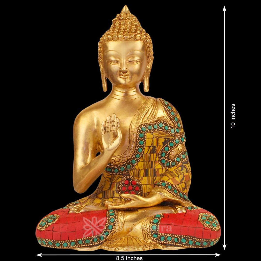 Brassaura™ Brass Gem Stone Work Buddha Vitarka Statue Multicolor