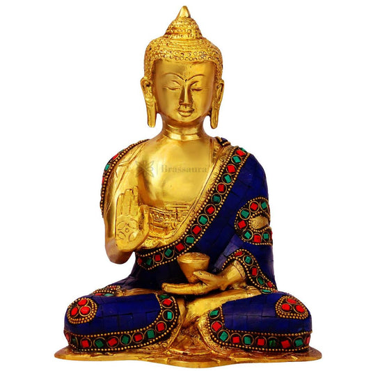 Brassaura® Buddha Sitting in Meditation Idol with Blue Colour and Colourful Stone Work Finish | Pure Superfine Brass Handcrafted Murti | Brass Statue for Home Temple, Pooja Room | Height 8 Inches | Weight 2.3 Kgs