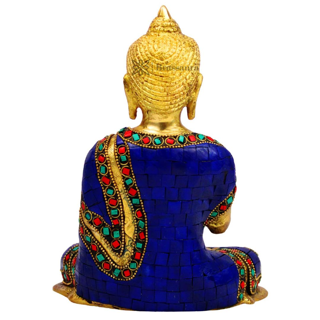 Brassaura® Buddha Sitting in Meditation Idol with Blue Colour and Colourful Stone Work Finish | Pure Superfine Brass Handcrafted Murti | Brass Statue for Home Temple, Pooja Room | Height 8 Inches | Weight 2.3 Kgs