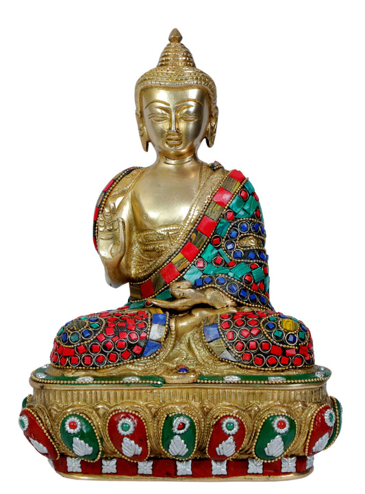 Brassaura® Buddha Sitting Meditation Idol with Multi-Color Stone Finish | Pure Superfine Brass Handcrafted Murti | Brass Statue for Home Temple, Pooja Room | Height 9.8 Inches | Weight 3.6 Kgs