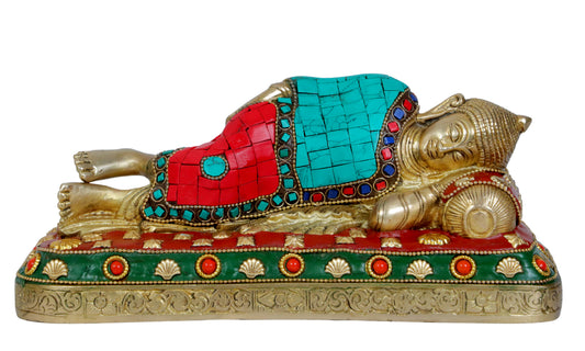 Brassaura® Buddha Reclining Idol with Multi-Color Stone Finish | Pure Superfine Brass Handcrafted Murti | Brass Statue for Home Temple, Pooja Room | Height 4.1 Inches | Weight 2.5 Kgs