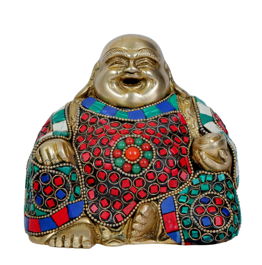Brassaura® Buddha Idol with Multi-Color Stone Finish | Pure Superfine Brass Handcrafted Murti | Brass Statue for Home Temple, Pooja Room | Height 4 Inches | Weight 1.15 Kgs