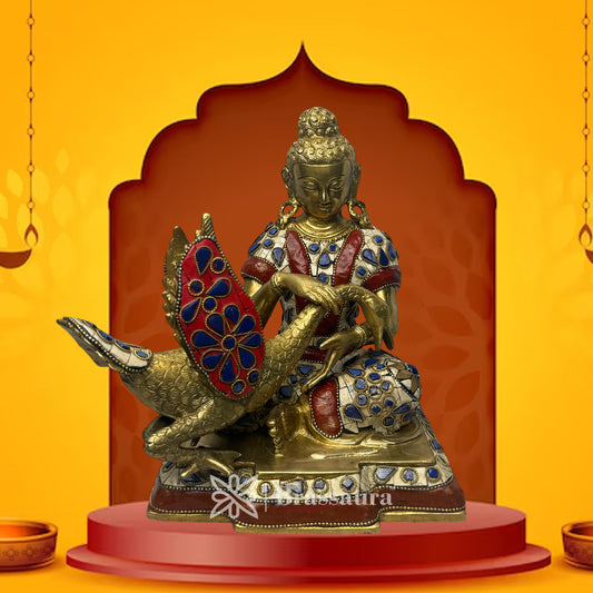 Brassaura® Vitarka Buddha with Swan Idol with Multi-Color Gem Stone Work | Pure Superfine Brass Handcrafted Murti | Brass Statue for Home Temple, Pooja Room | Height 9 Inches | Weight 4.55 Kgs