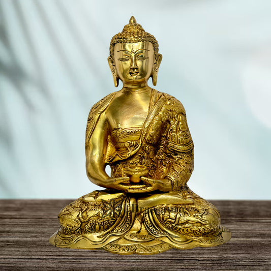 Brassaura® Brass Buddha Vitarka Statue Golden Idol | Pure Superfine Brass Handcrafted Murti | Brass Statue for Home Temple, Pooja Room | Height 12 Inches | Weight 5.2 Kgs