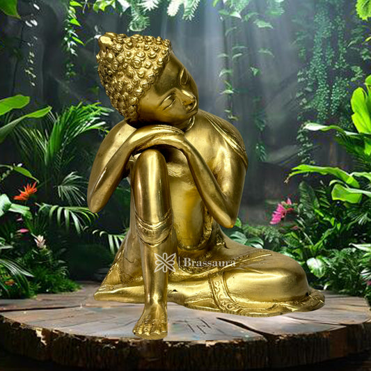 Brassaura® Brass Buddha Resting Pose Sculpture Idol | Pure Superfine Brass Handcrafted Murti | Brass Statue for Home Decor, Temple, Pooja Room | Height 8.6 inches | Weight 2.65 Kg