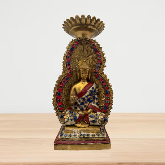 Brassaura® Brass Gem Stone Work Buddha Statue Idol for Home Decor | Pure Superfine Brass Handcrafted Murti | Brass Statue for Home Temple, Pooja Room | Height 11.8 inches | Weight 3.95 Kg