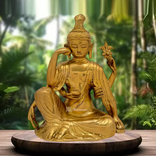 Brassaura® Brass Buddha Vitarka Statue Golden Idol for Home Decor | Pure Superfine Brass Handcrafted Murti | Brass Statue for Home Temple, Pooja Room | Height 9.84 Inches | Weight 3.95 Kg