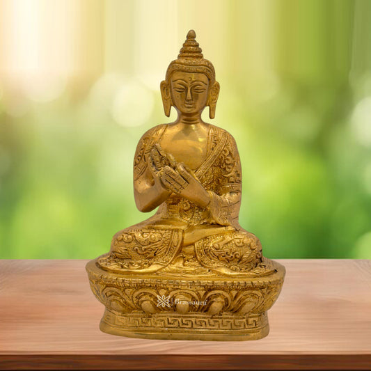 Brassaura® Brass Buddha Vitarka Statue Golden Idol for Home Decor | Pure Superfine Brass Handcrafted Murti | Brass Statue for Home Temple, Pooja Room | Height 7.09 Inches | Weight 1.15 Kg