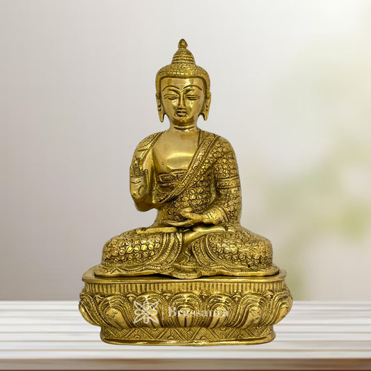 Brassaura® Brass Golden Buddha Chowki Statue for Home Decor | Pure Superfine Brass Handcrafted Murti | Brass Statue for Home Temple, Pooja Room | Height 10.24 Inches | Weight 3.5 Kg