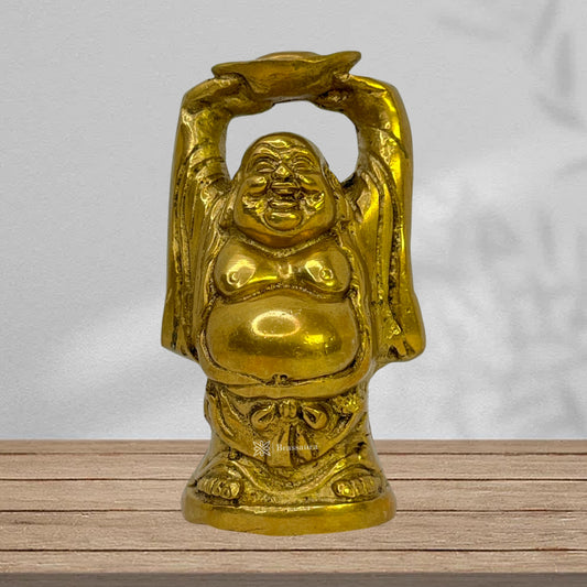 Brassaura® Brass Golden Standing Buddha Statue for Home Decor | Pure Superfine Brass Handcrafted Murti | Brass Statue for Home Temple, Pooja Room | Height 3.94 Inches | Weight 400 g
