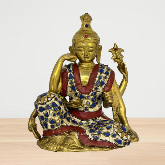 Brassaura® Brass Gem Stone Work Buddha Statue for Home Decor | Pure Superfine Brass Handcrafted Murti | Brass Statue for Home Temple, Pooja Room | Height 9.45 Inches | Weight 4.4 Kg