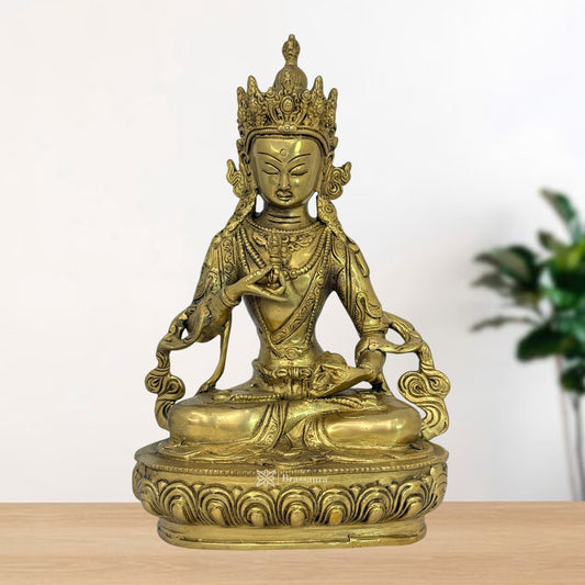 Brassaura® Brass Golden Dorje Bell Buddha Sculpture Statue for Home Decor | Pure Superfine Brass Handcrafted Murti | Brass Statue for Home Temple, Pooja Room | Height 10.63 Inches | Weight 2.85 Kg