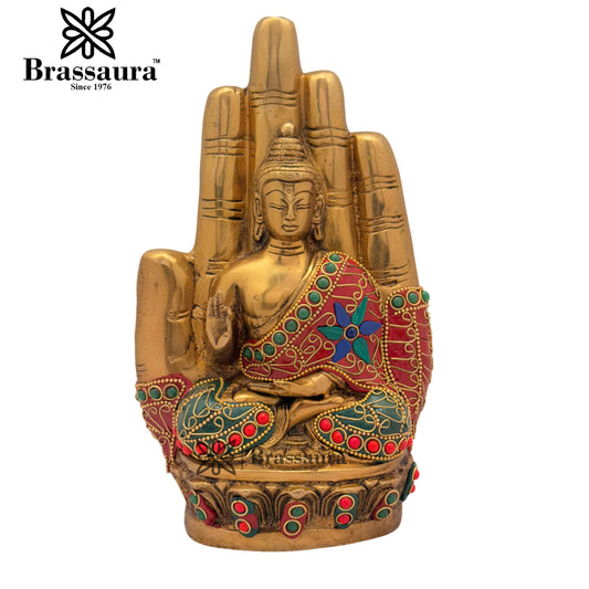Brass Multi Coloured Gem Stone Work Buddha Weight 2.6 Kg & Height 9 Inch