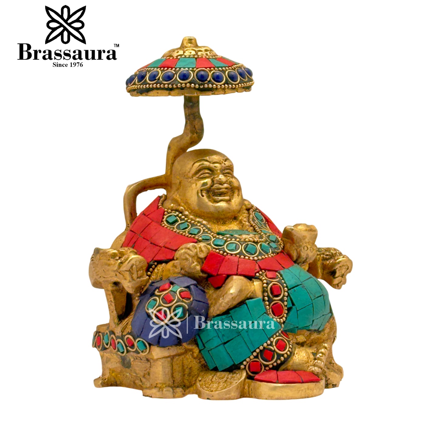 Brass Gem Stone Work Laughing Buddha Weight 2 Kg & Height 6.5 Inch
