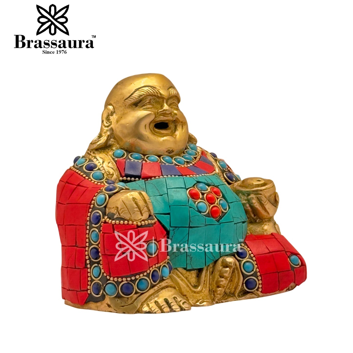 Brass Gem Stone Work Laughing Buddha Weight 1.2 Kg & Height 4 Inch