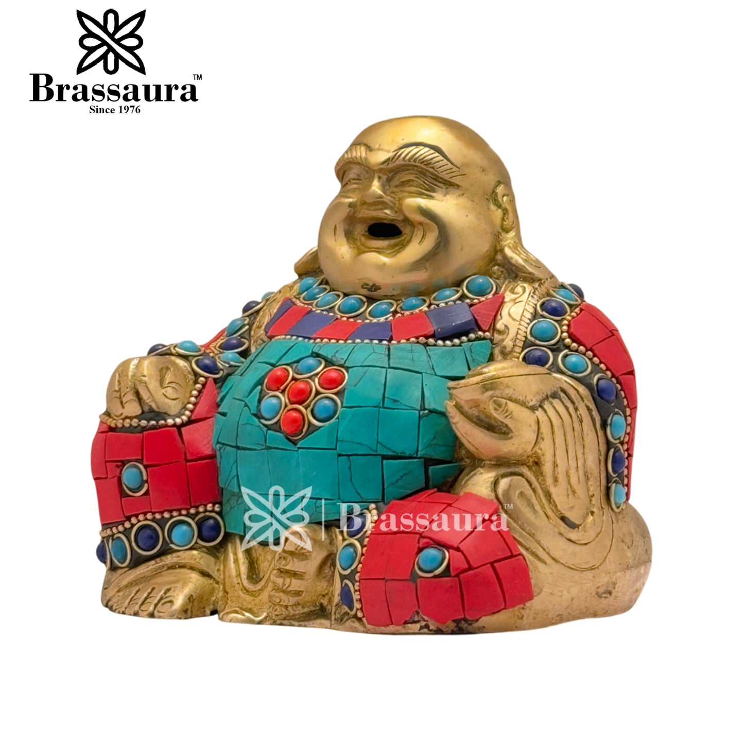 Brass Gem Stone Work Laughing Buddha Weight 1.2 Kg & Height 4 Inch