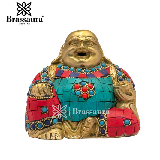 Brass Gem Stone Work Laughing Buddha Weight 1.2 Kg & Height 4 Inch