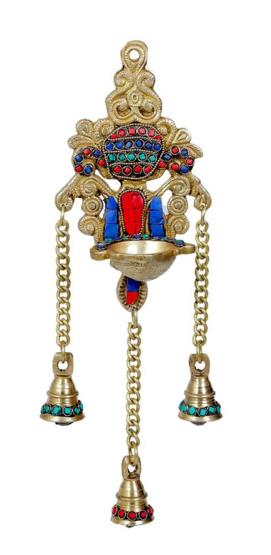 Brassaura® Brass Hanging Diya with Gemstone Inlay Finish | Pure Superfine Brass Handcrafted Murti | Brass Statue for Home Temple, Pooja Room | Height 15.7 Inches | Weight 0.85 Kgs