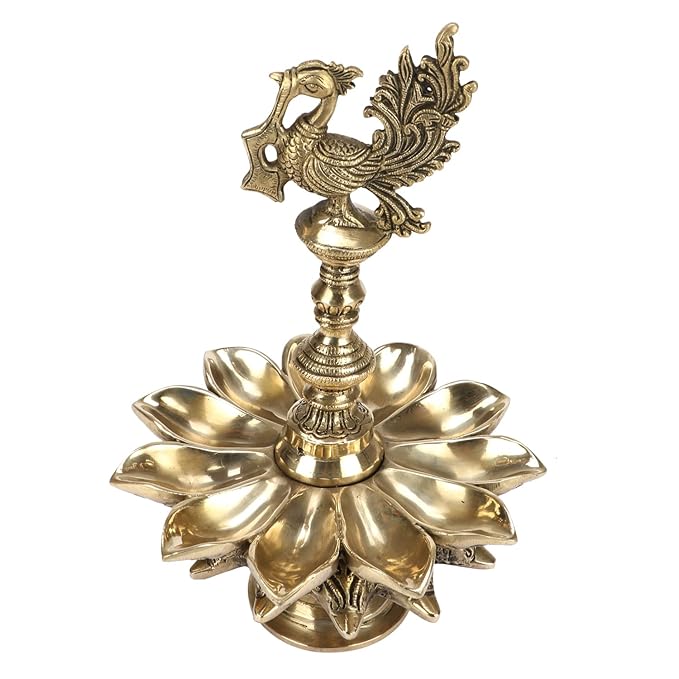 Brassaura® Brass Peacock Design Multi Oil Wick Diya Lamp | Pure Superfine Brass Handcrafted Murti | Brass Statue for Home Temple, Pooja Room | Height 12 Inches | Weight 3.7 Kgs