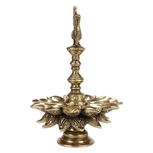 Brassaura® Brass Peacock Design Multi Oil Wick Diya Lamp | Pure Superfine Brass Handcrafted Murti | Brass Statue for Home Temple, Pooja Room | Height 12 Inches | Weight 3.7 Kgs