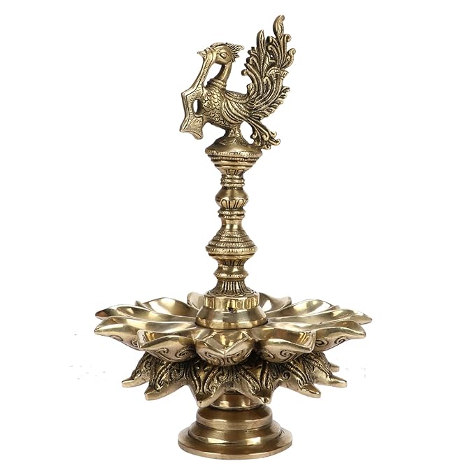 Brass Peacock Design Multi Oil Wick Diya Lamp Weight 3.7 Kg Height 12 Inch