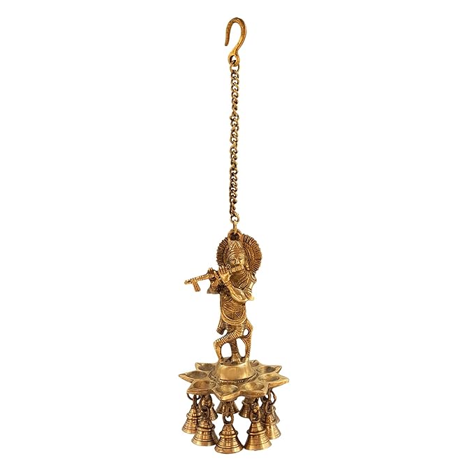 Brass Gem Stone Work Krishna Diya for Home and Decor Weight 1.25 Kg Height 10.2 inches